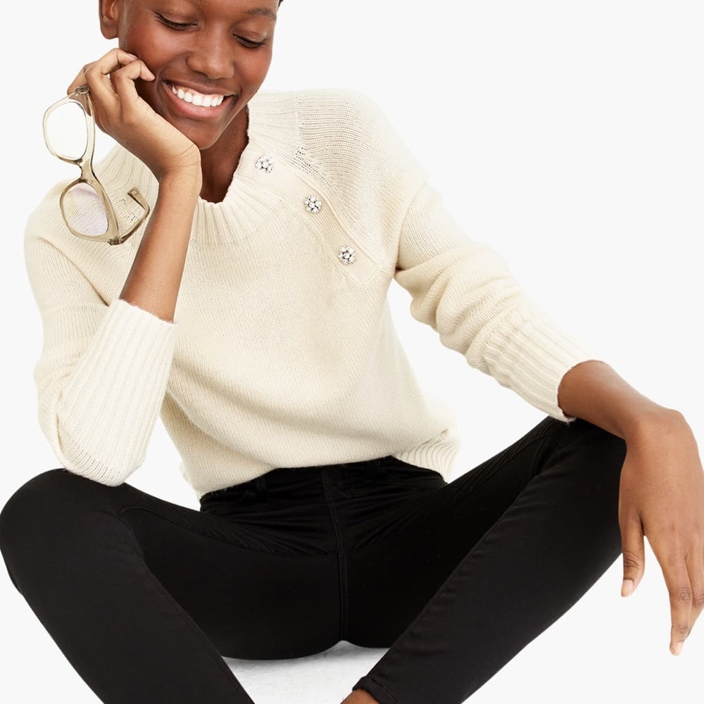 J. Crew Ivory Crewneck Sweater with Jeweled Buttons Women’s Size XS